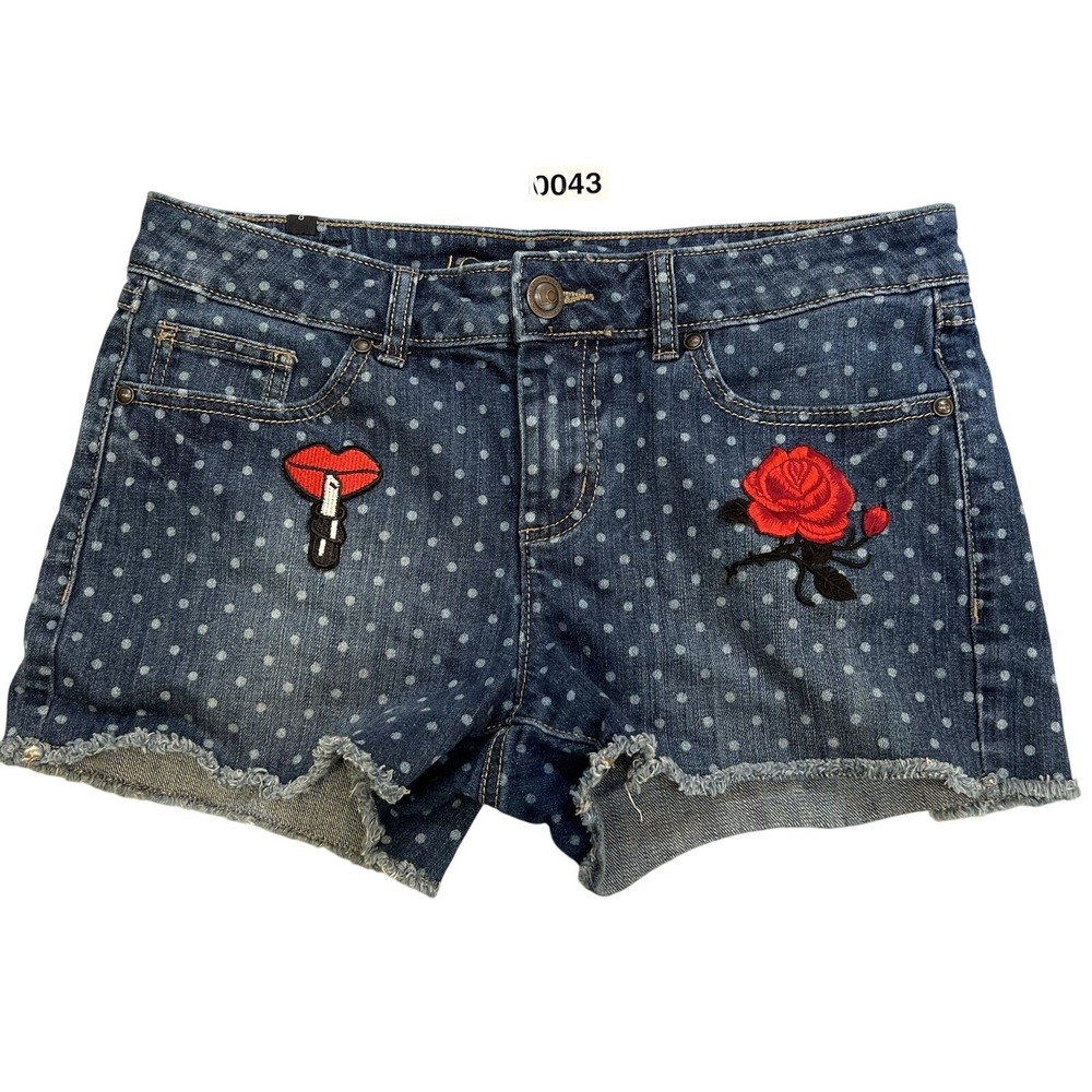 Lauren Conrad Denim Shorts‎ Polka Dot Rose Lip Applique Frayed Hem Size 8
